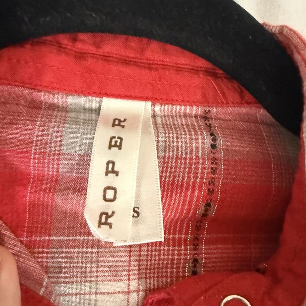 Roper Western Pearl Snap Shirt Girls Small Embellished Red Metallic Plaid Long S - Picture 4 of 7